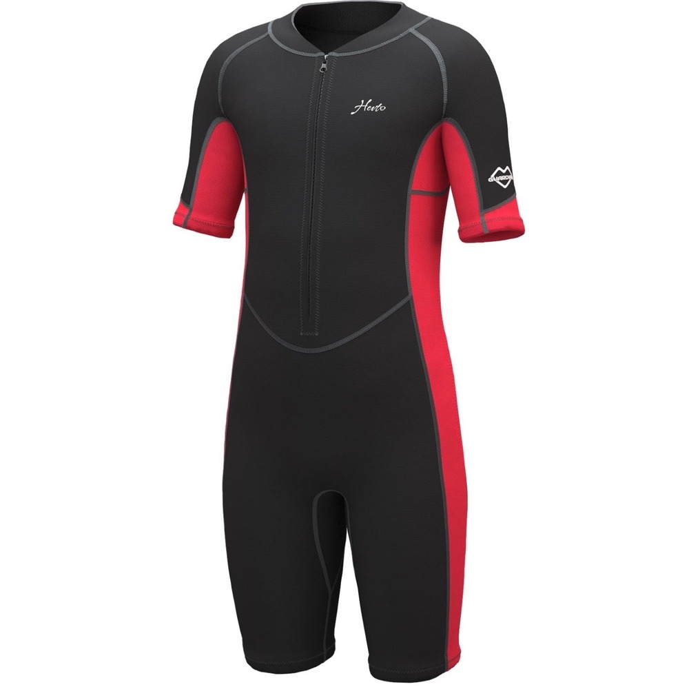 Heeto Wetsuit Kids 8 Slim Black Red New Shorty 2mm Neoprene Front Zip Swimsuit